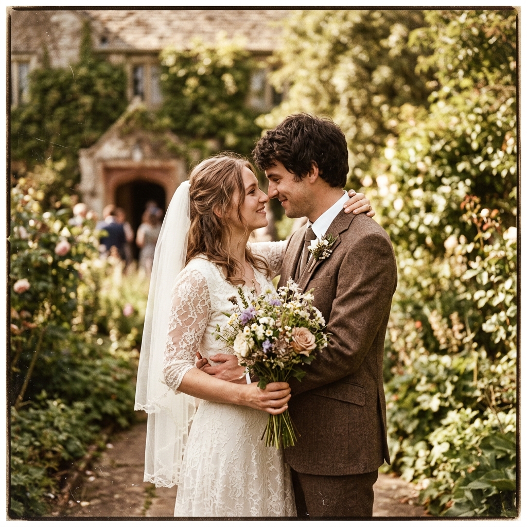 Cặp đôi nhìn nhau trong khung hình phim nhựa cổ điển